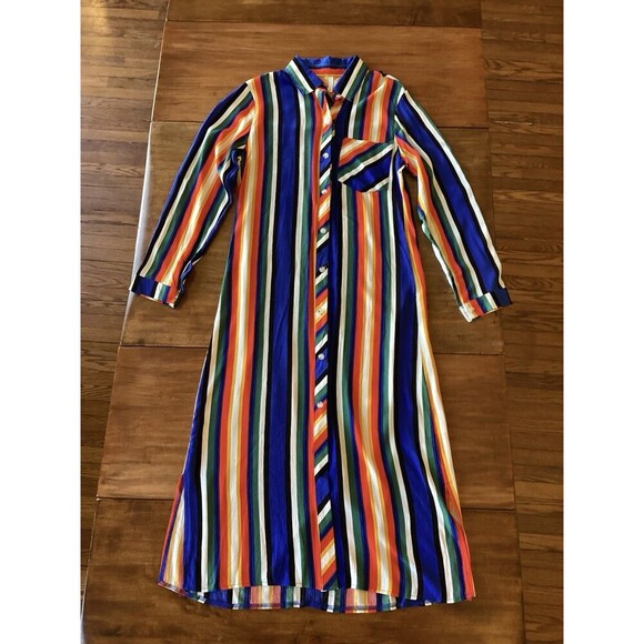 NWT Gibson Latimer Long Sleeve Button Up Maxi Dress Colorful Striped XS - Picture 1 of 5